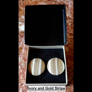 Ivory and gold stripe print button earrings in jewelry box 