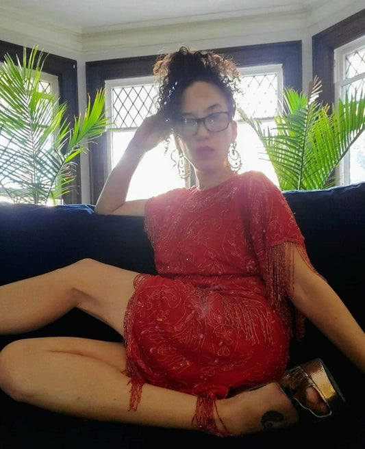 Front view 80s Red Sequin Fringe Gown on model