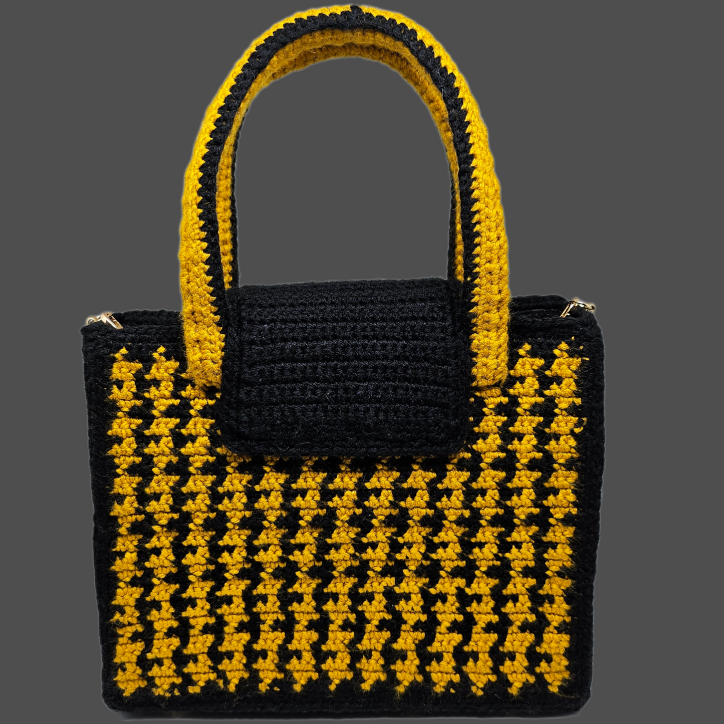Back view of Black and yellow houndstooth structured crocheted handbag