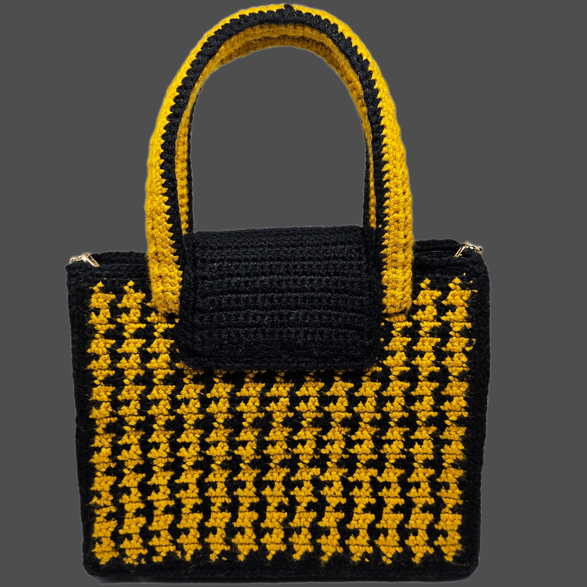 Back view of Black and yellow houndstooth structured crocheted handbag