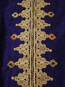 Center front details of Rhinestone encrusted purple silk bomber jacket with gold lace accents
