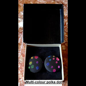 multi-color polka-dot print button earrings in jewelry box