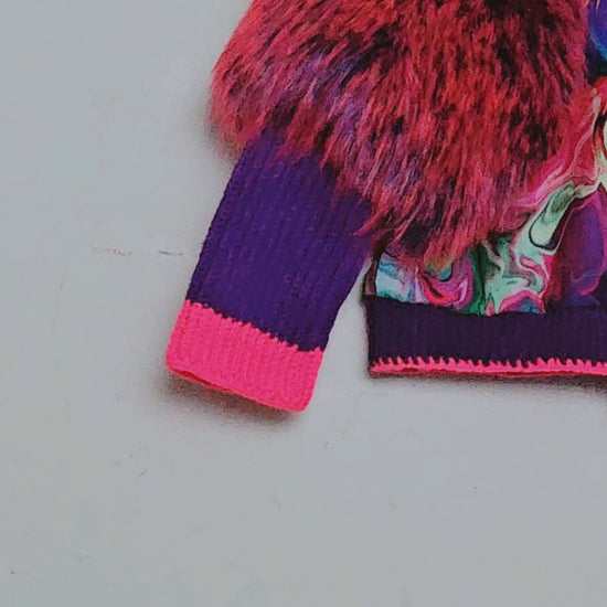 Video of Rainbow bomber jacket with faux fur puffed sleeves