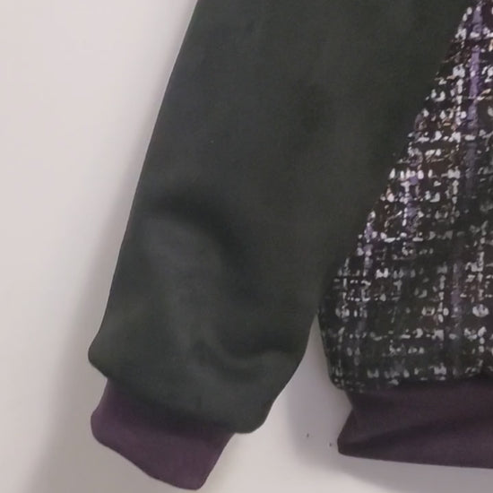 video of Purple, silver, and copper tweed printed bomber jacket