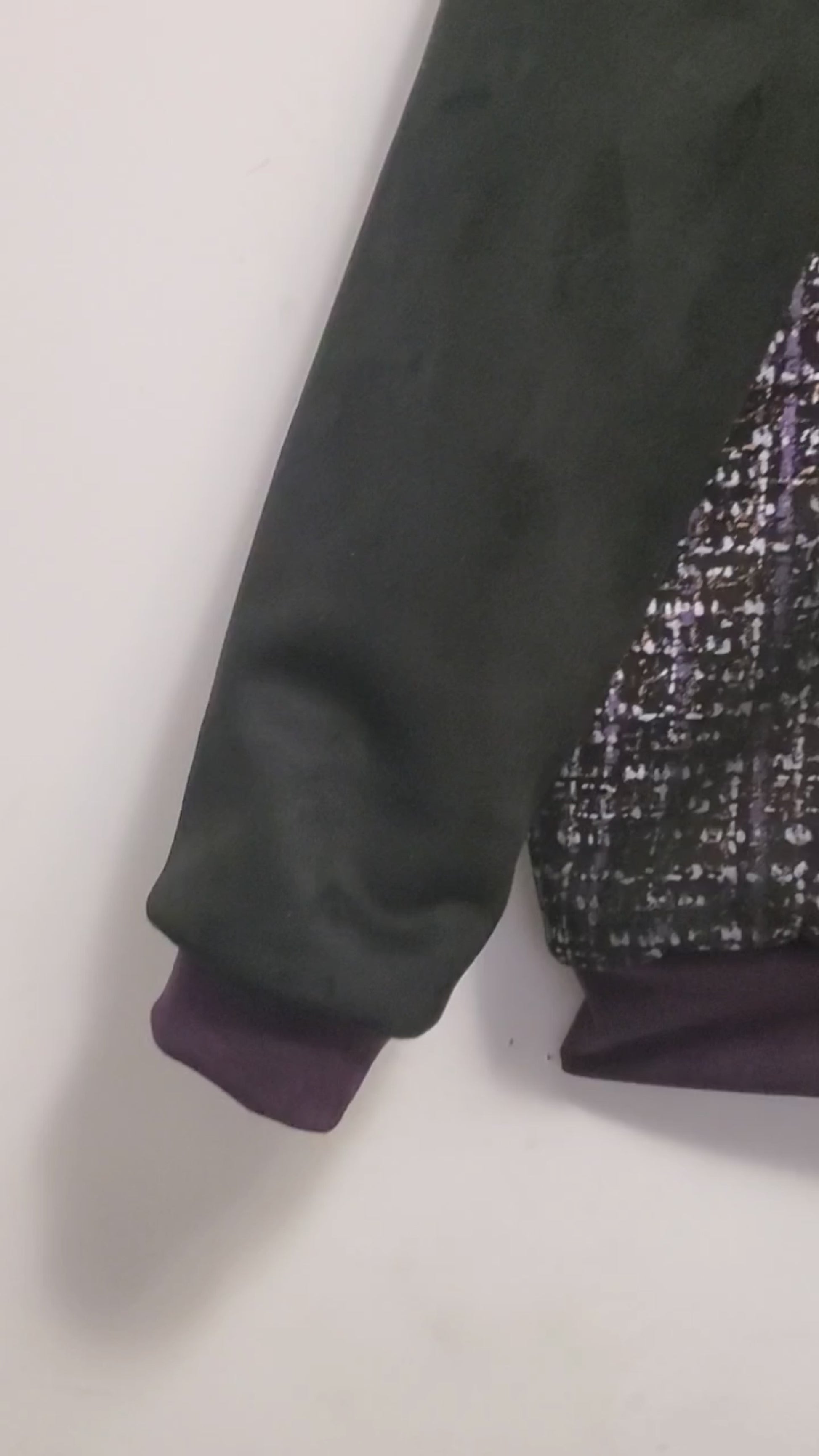 video of Purple, silver, and copper tweed printed bomber jacket