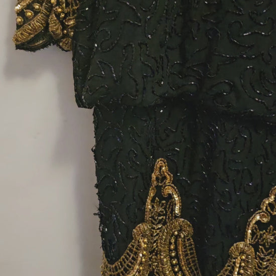 video of vintage 80s Black and Gold Beaded Cocktail Dress