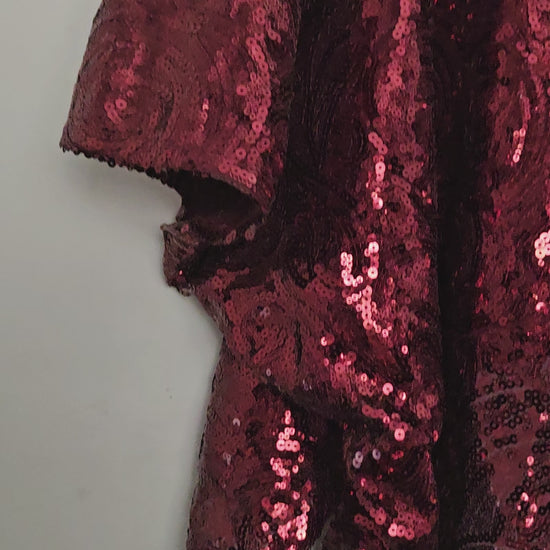 video of Burgundy sequin kimono jacket with black embroidered shoulders on hanger