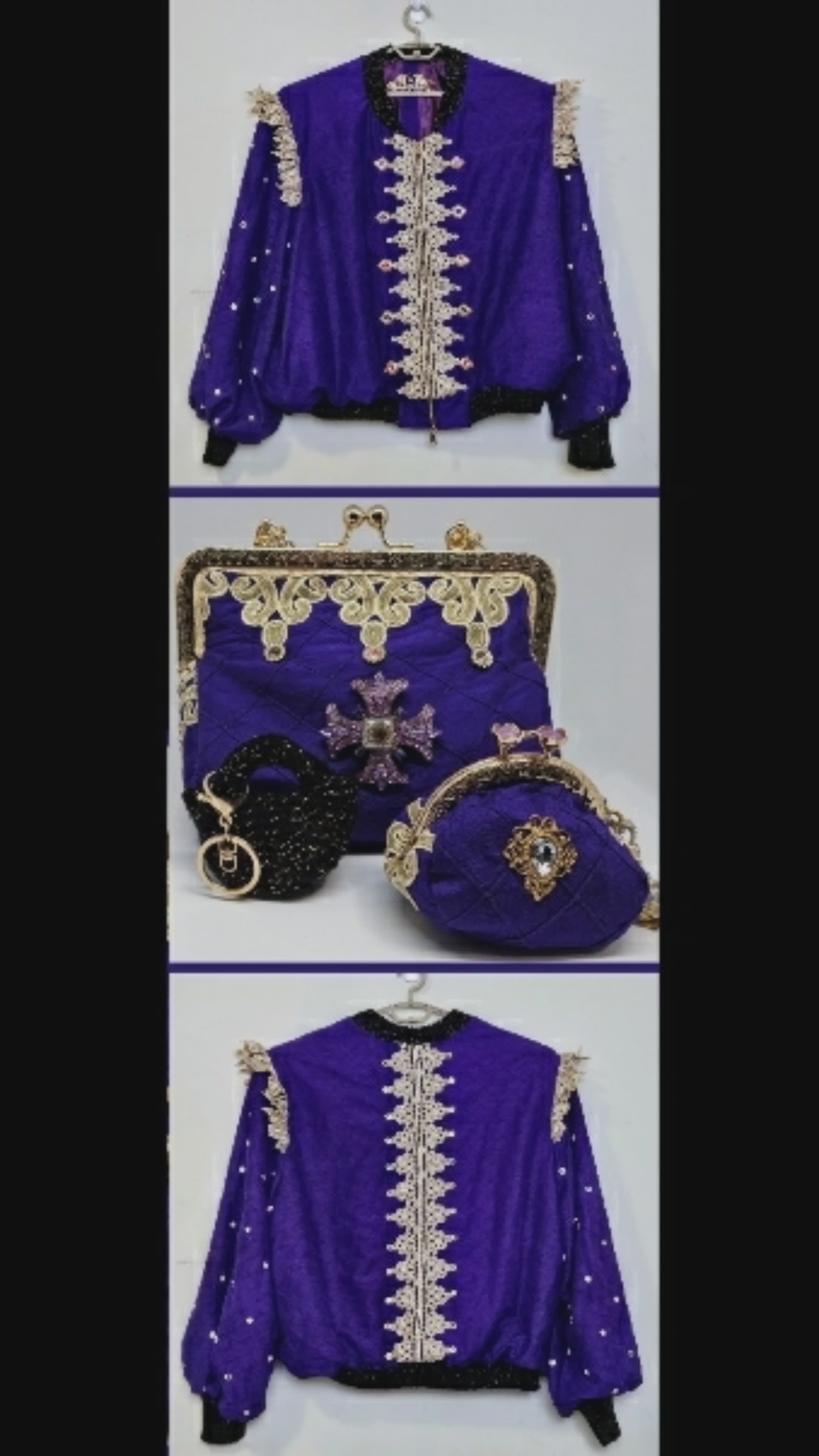 Video of Rhinestone encrusted purple silk bomber jacket with gold lace accents