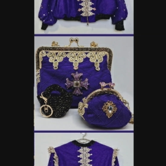 Video of Rhinestone encrusted purple silk bomber jacket with gold lace accents