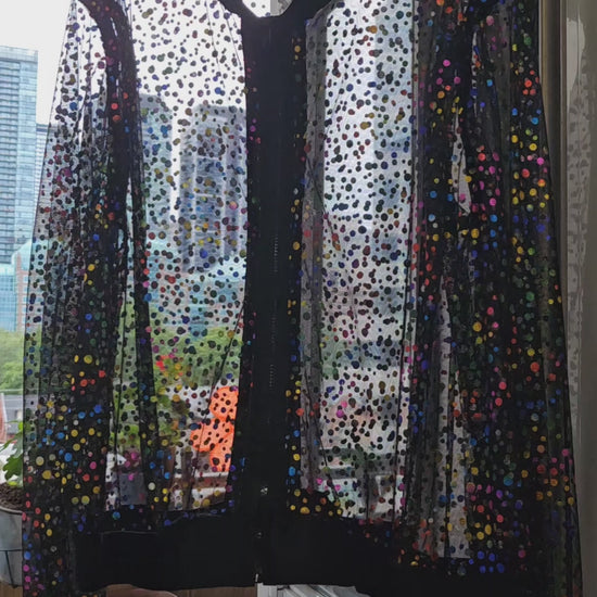 Video of Sheer metallic confetti print bomber jacket