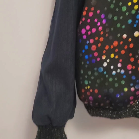 Video of Multi-coloured polka dot and denim bomber jacket