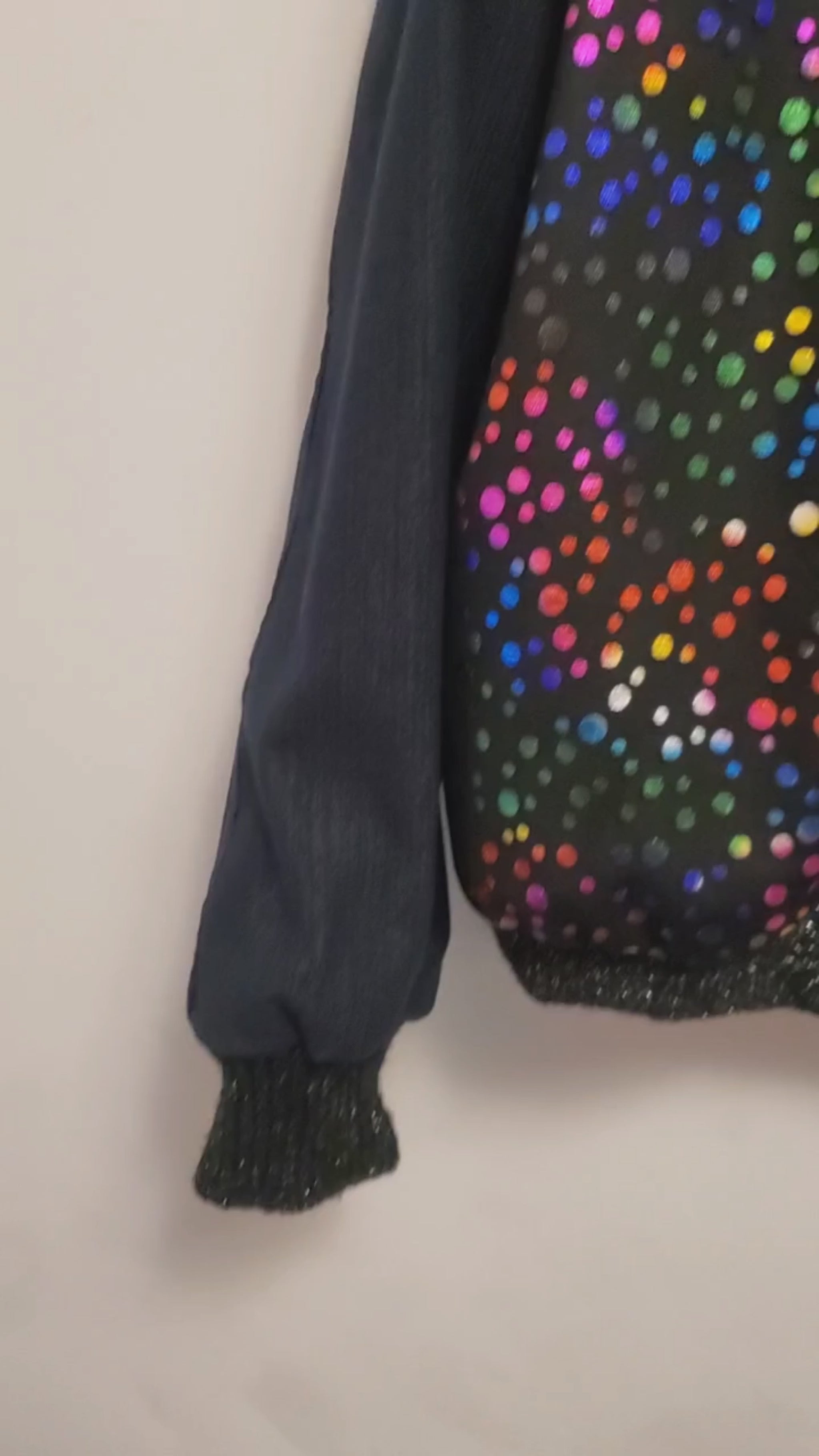 Video of Multi-coloured polka dot and denim bomber jacket