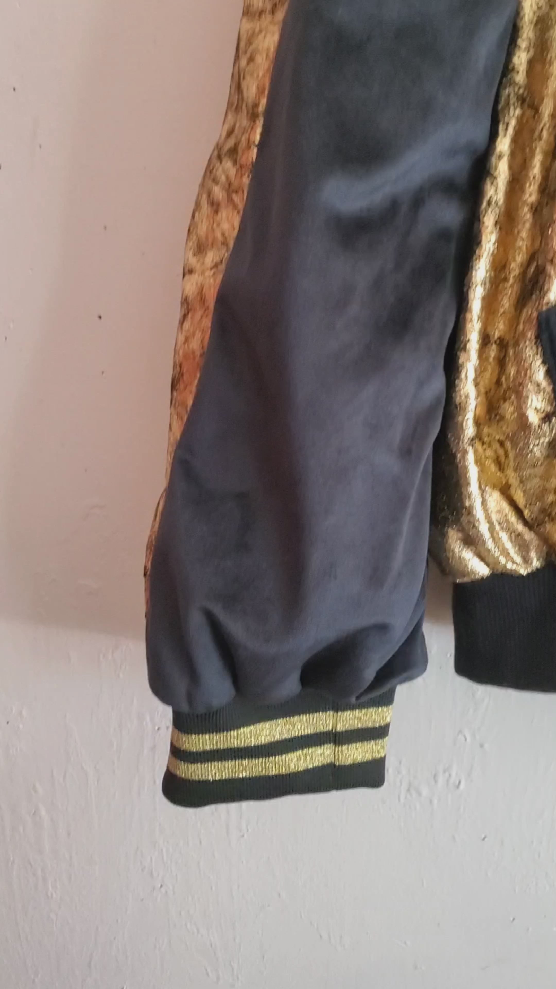 MIDAS-Black and gold velvet bomber jacket with hidden pocket dolman sleeves