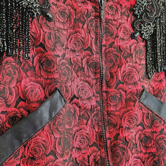  Video of Red rose brocade bomber jacket with rhinestone appliqued shoulders with beaded fringe.