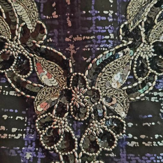 Video of Purple and Silver plaid bomber jacket with extravagant beaded sequin applique detail