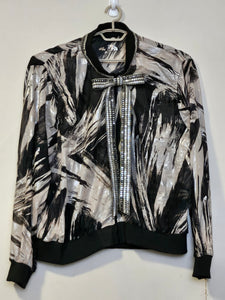 Front view of Sheer abstract printed bomber jacket with bowtie detail