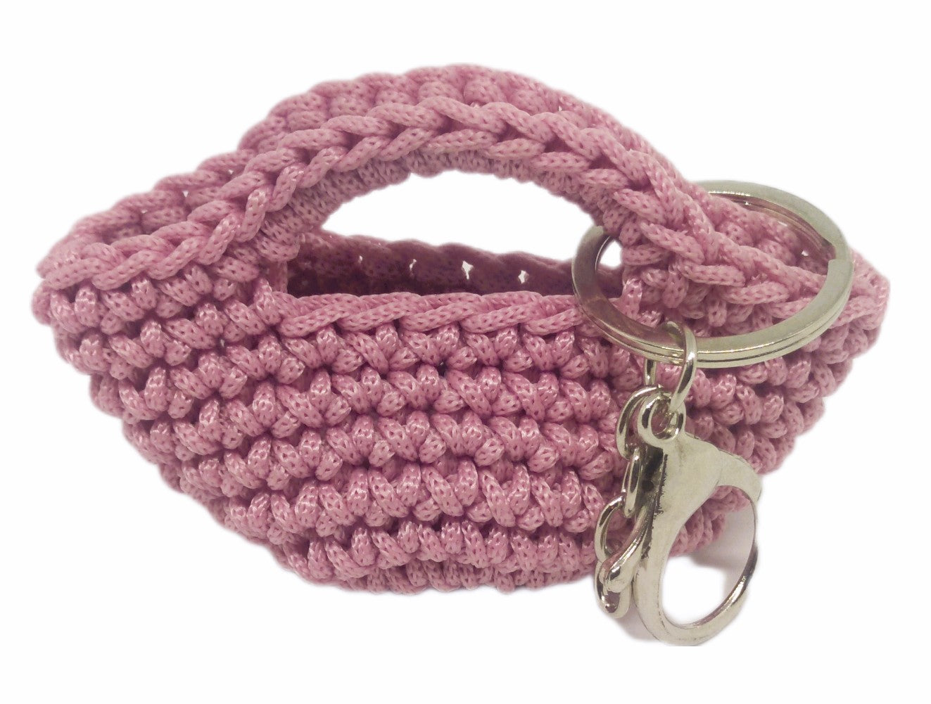 Front view of pink/silver mini handbag keychain 