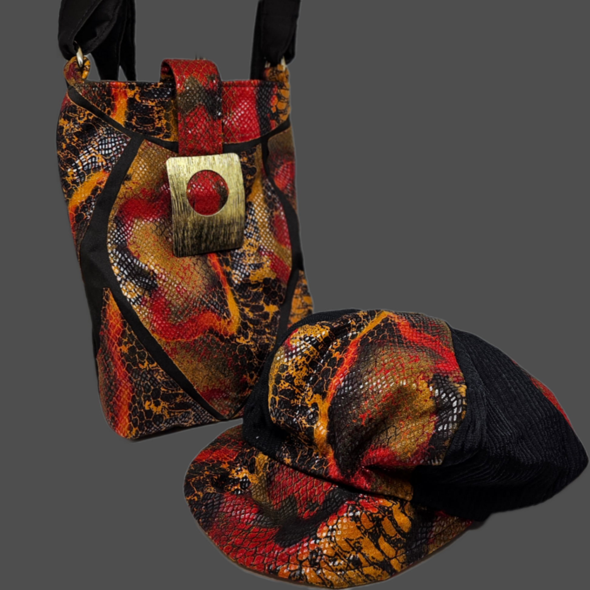 Burnt orange animal print hat and purse set