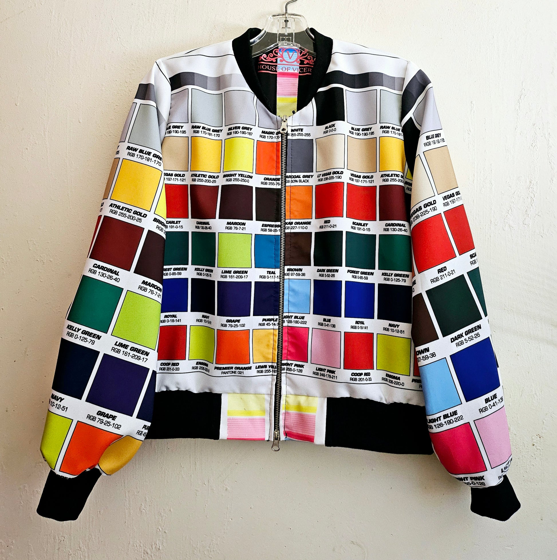 front view of Multi-coloured bomber jacket made from RGI colour code swatches