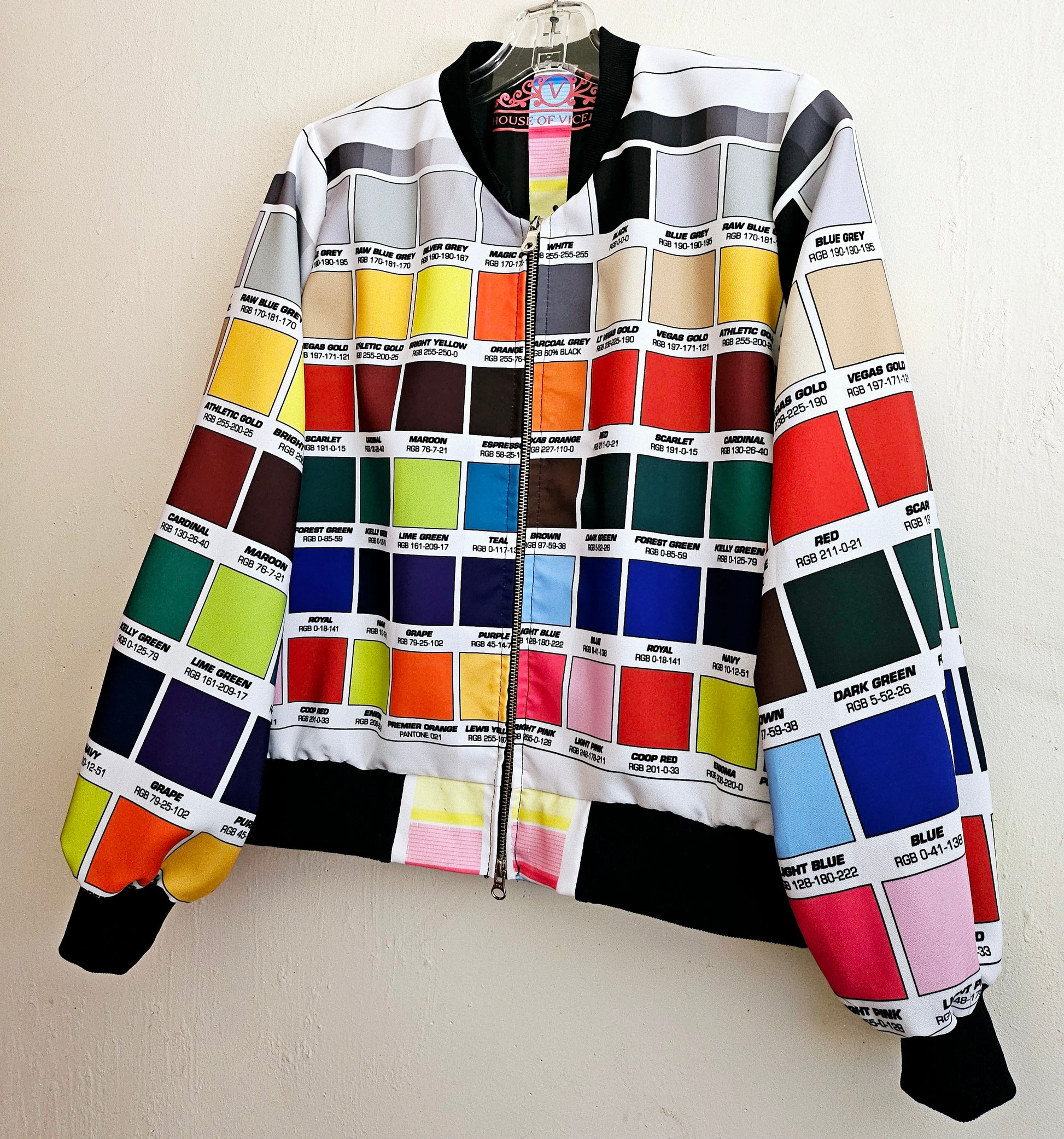Side front view of Multi-coloured bomber jacket made from RGI colour code swatches