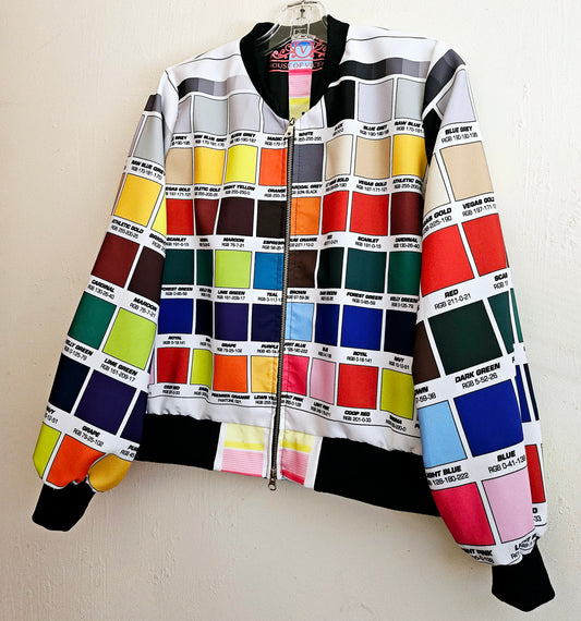 Side front view of Multi-coloured bomber jacket made from RGI colour code swatches