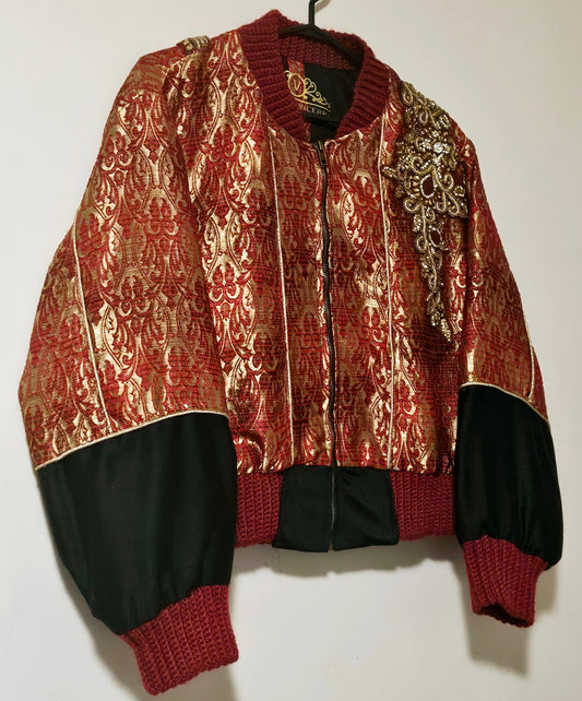 side front view of Indian inspired colour-blocked bomber jacket with beaded embellishments