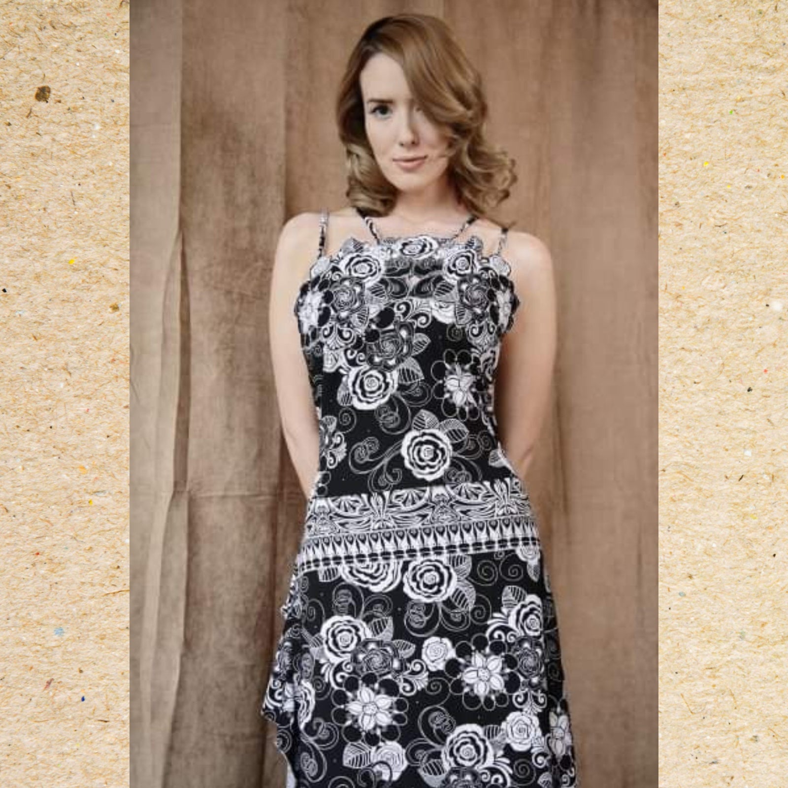 Black and White Abstract Floral Summer Dress on model