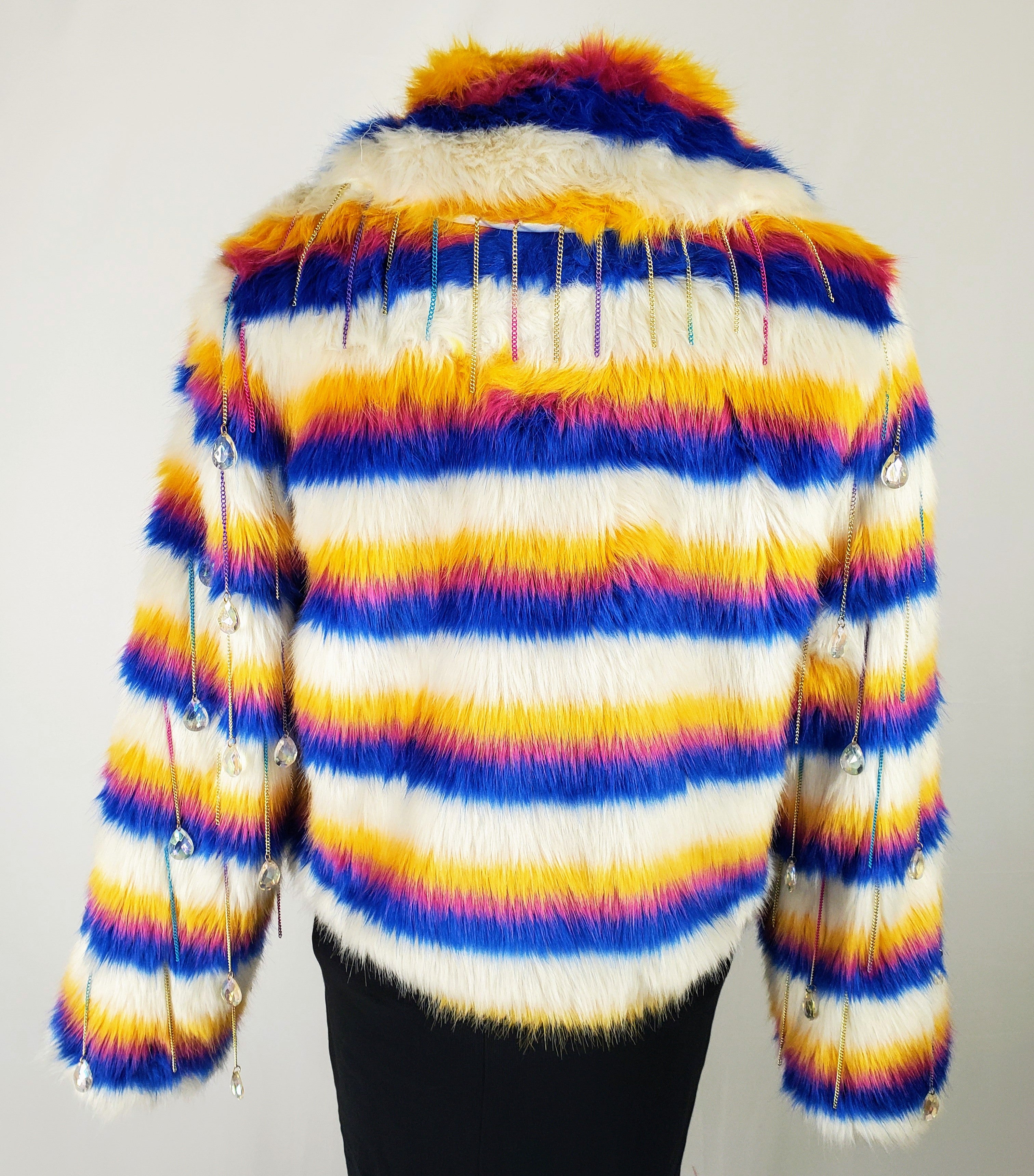 Faux fur outerwear multi-color jacket with chain fringe back view on mannequin