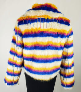 Faux fur outerwear multi-color jacket with chain fringe back view on mannequin