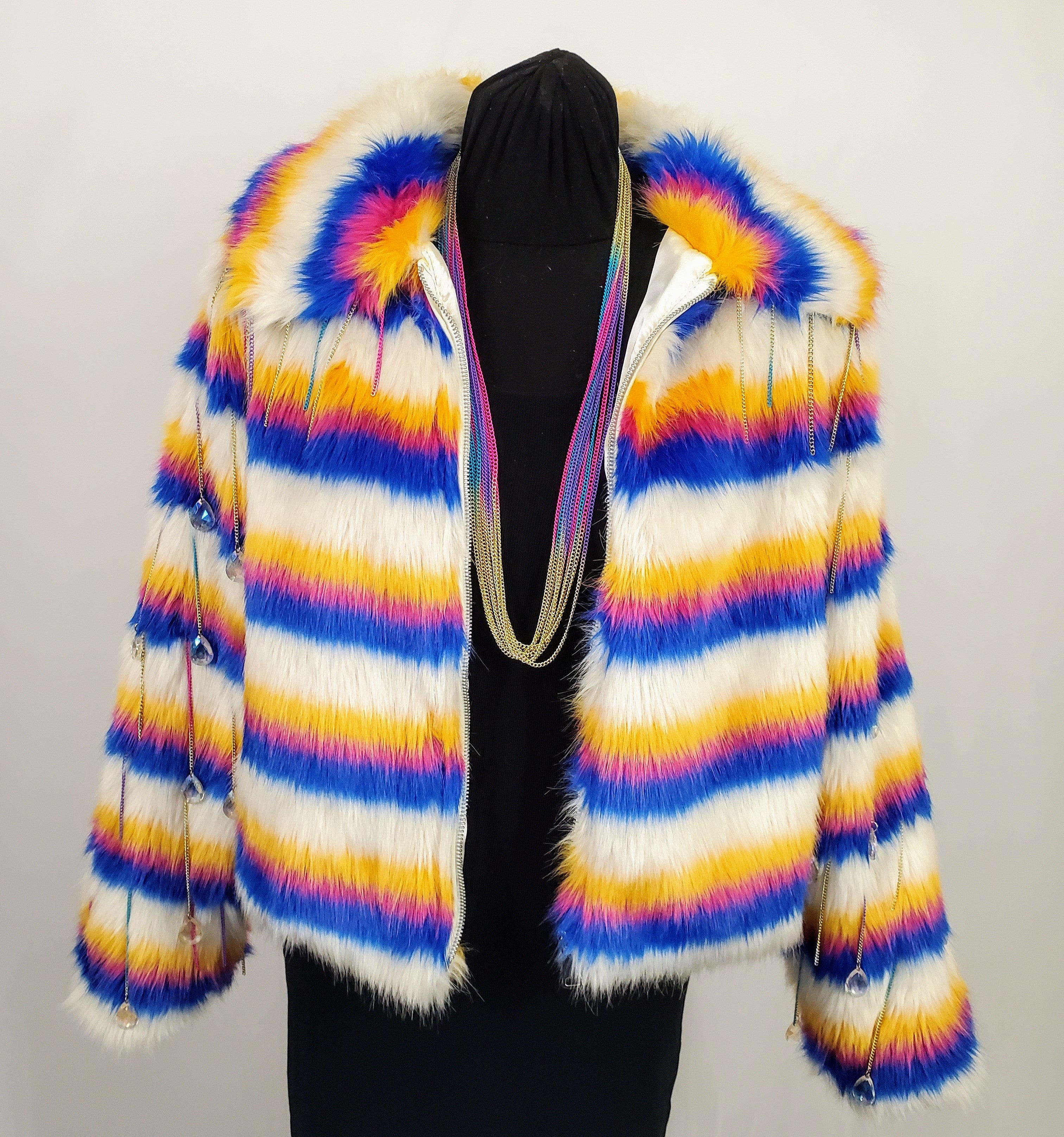 Handmade white rainbow striped faux fur coat with chain details open on mannequin