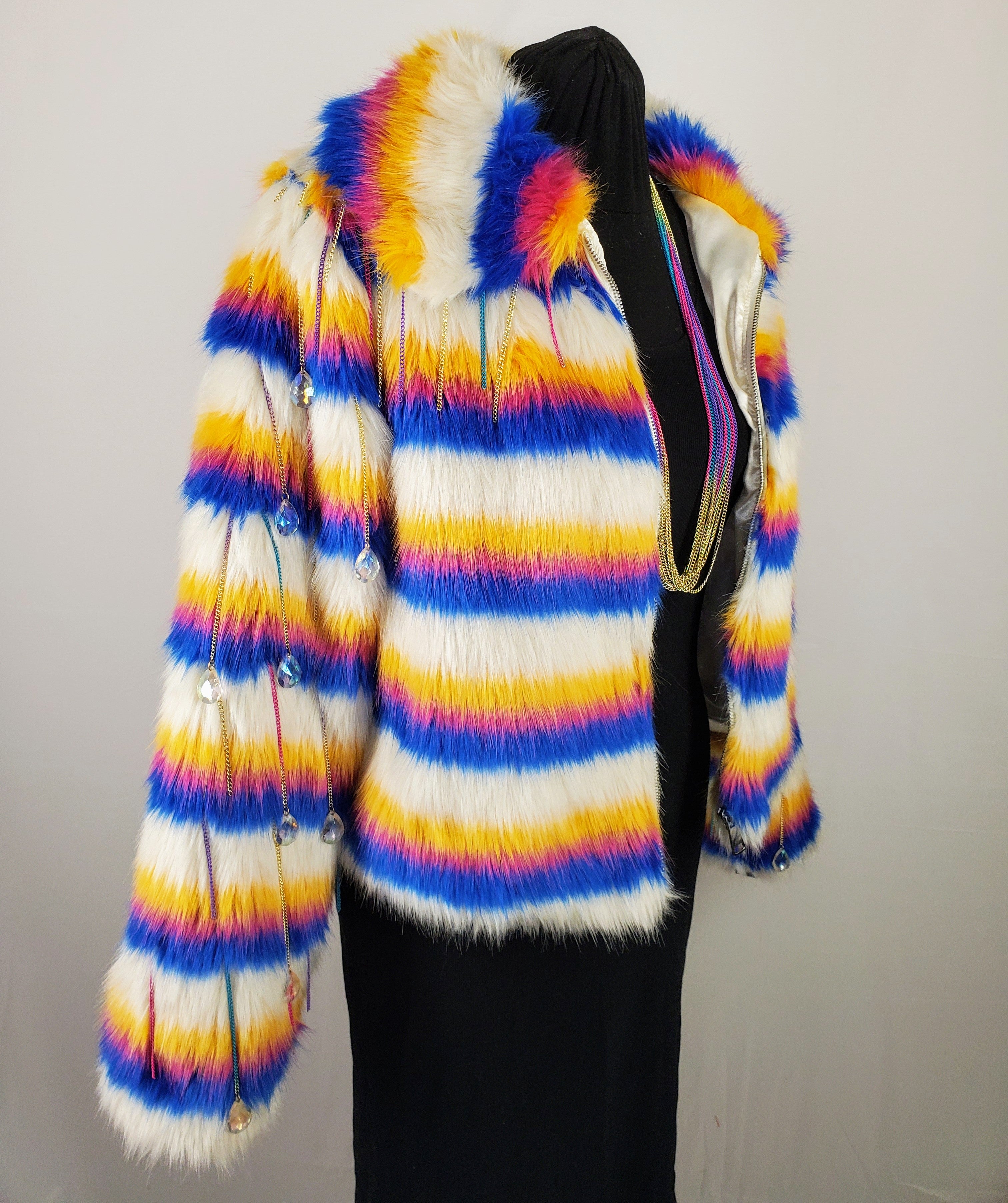 One of a kind rainbow faux fur coat with chain embellished sleeves and collar open side view on mannequin