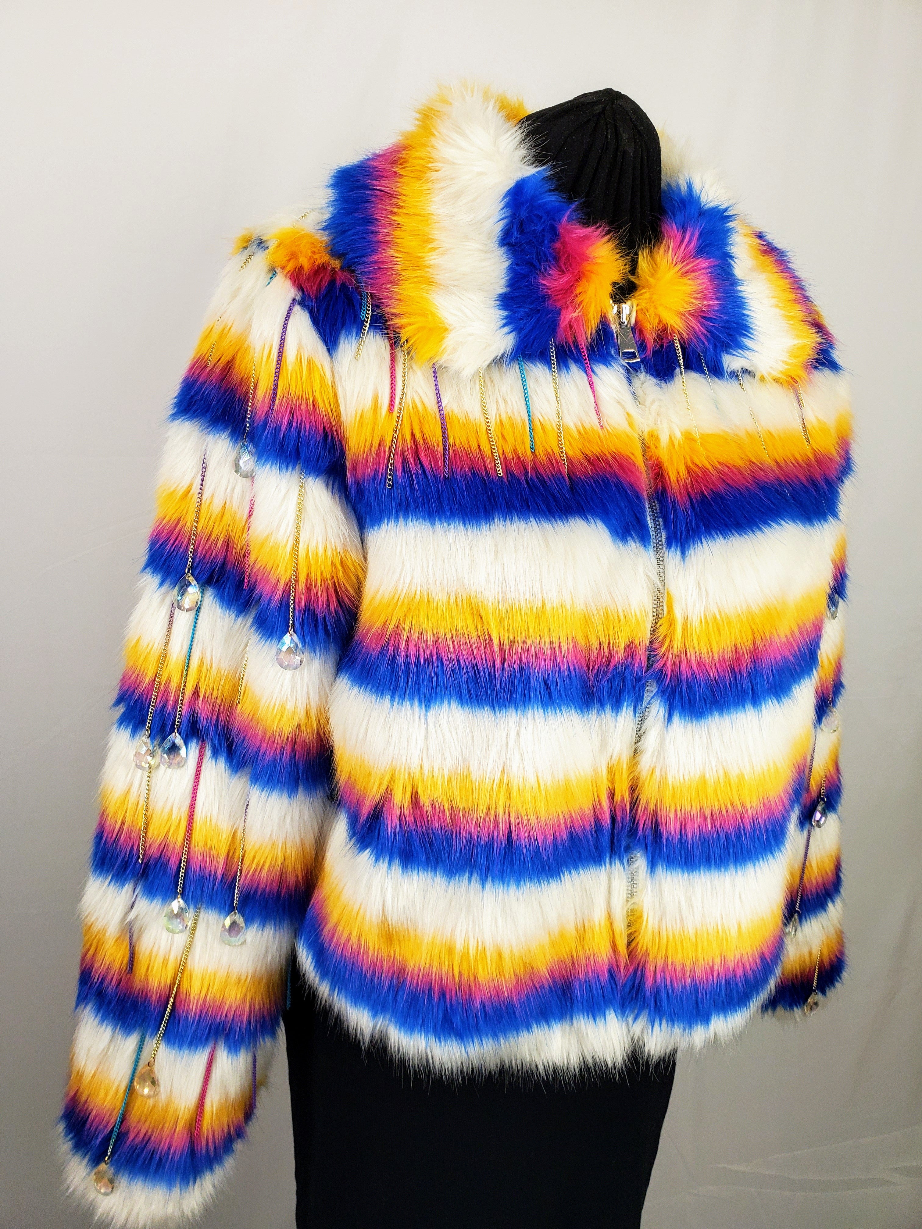 colorful fake fur coat with beaded sleeves closed side view on dressform