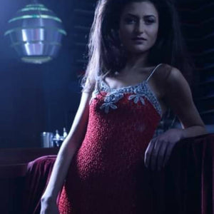 Red and Silver Crochet Dress on model