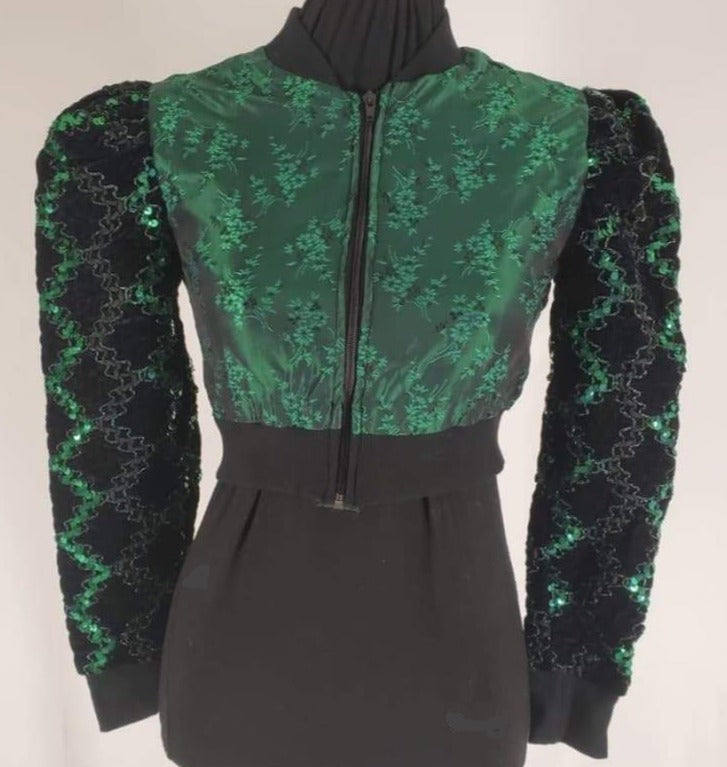 Green cropped bomber jacket front view