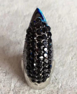 Silver and black rhinestone fingertip ring front view