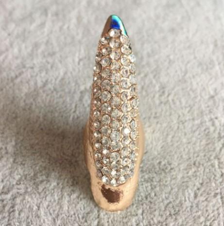 Gold and diamond rhinestone fingertip ring front view