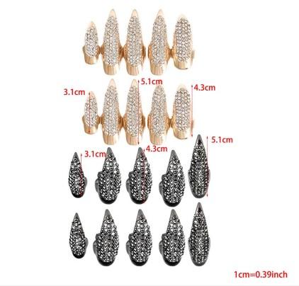 Gold and Silver rhinestone finger tip rings on white background with measurements
