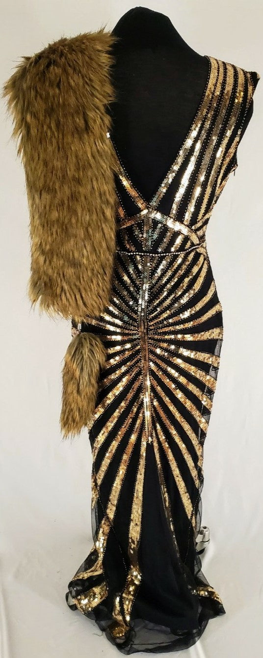 back view of Art Deco-inspired beaded gown with detachable faux fur stole and appliques on mannequin