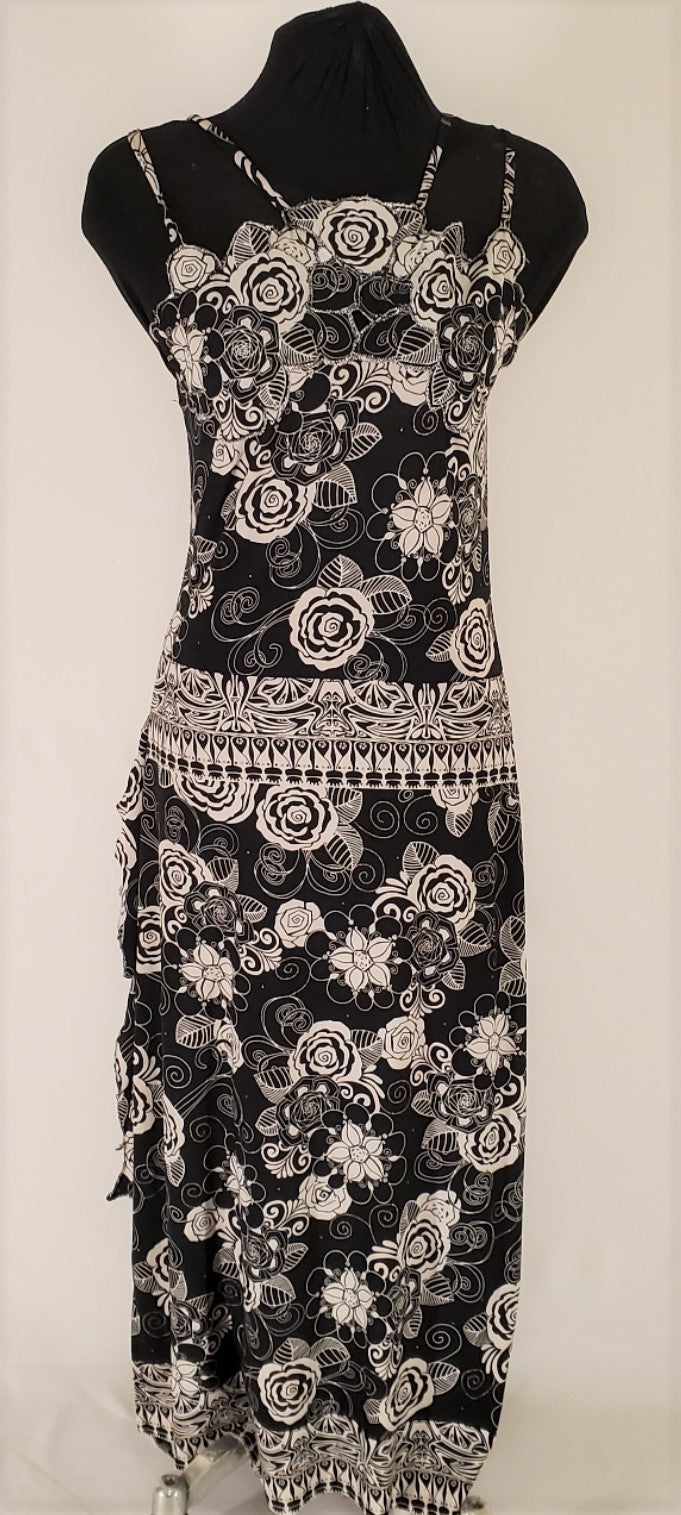 front view of Black and White Abstract Floral Summer Dress on mannequin