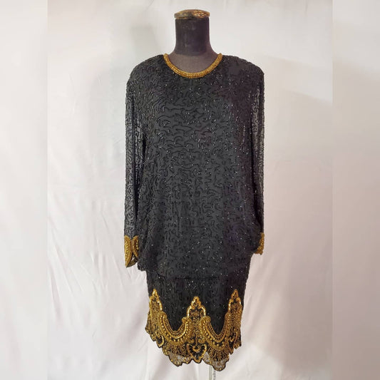 Front view on mannequin 80s Black and Gold Beaded Cocktail Dress