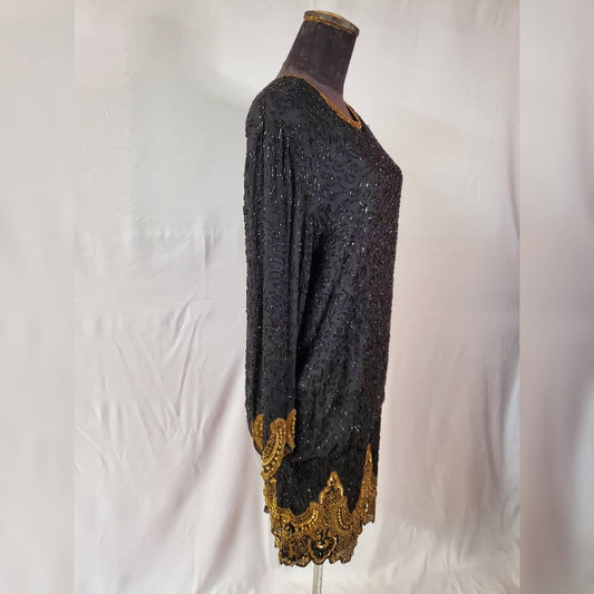 Side view on mannequin 80s Black and Gold Beaded Cocktail Dress