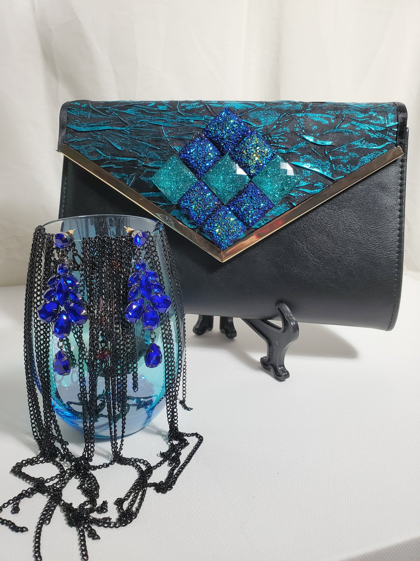 MARINA- Textured Teal and Black Clutch with Blue Topaz Beads
