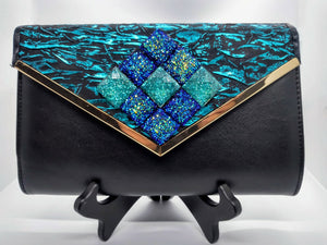 MARINA- Textured Teal and Black Clutch with Blue Topaz Beads