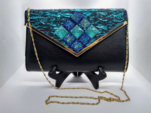 MARINA- Textured Teal and Black Clutch with Blue Topaz Beads