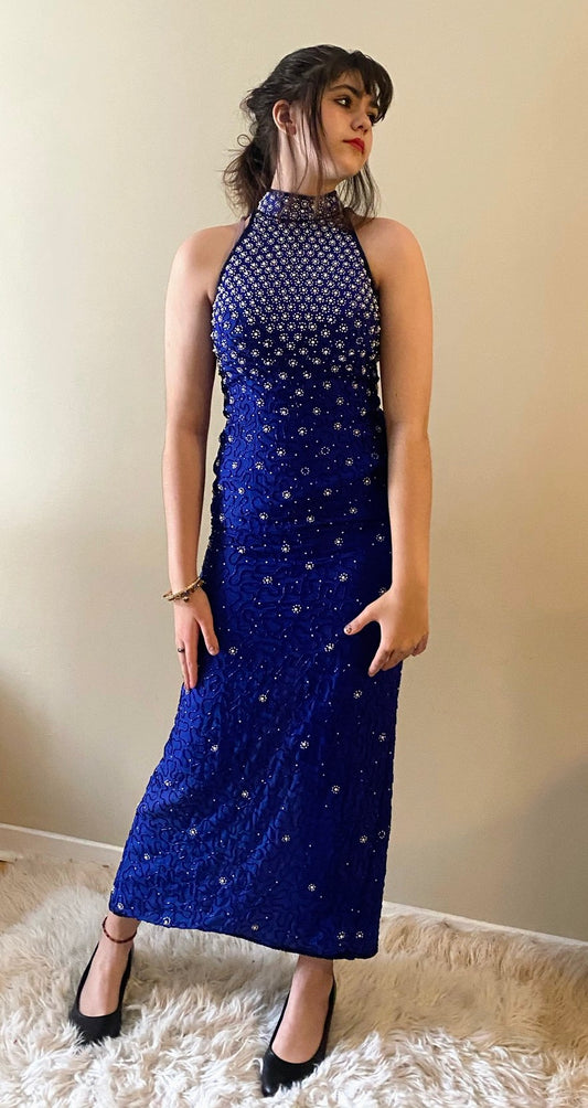 90s Cobalt and Pearl Halter Dress on model