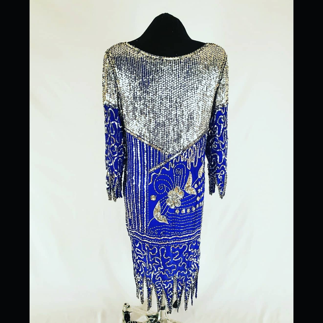 Back view of vintage 80s Blue and Silver Sequin Gown