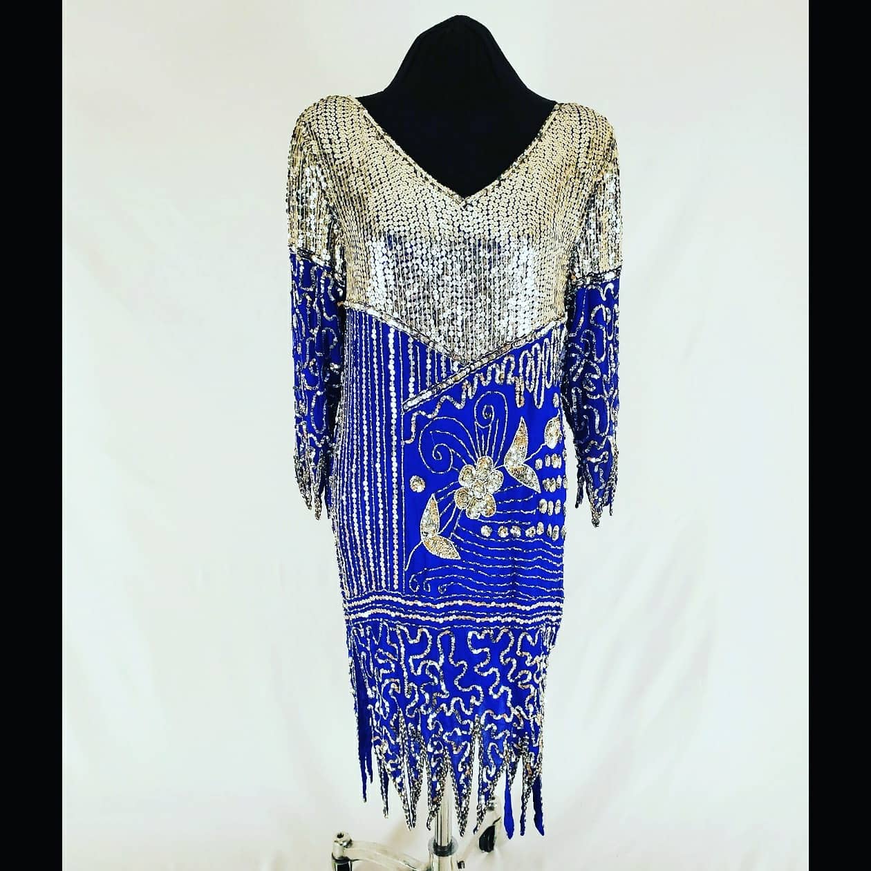 Front view of vintage 80s Blue and Silver Sequin Gown