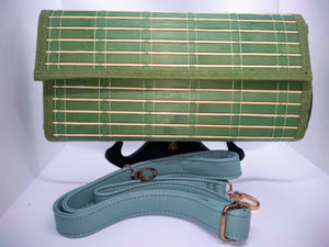 Green wood clutch with turquoise strap