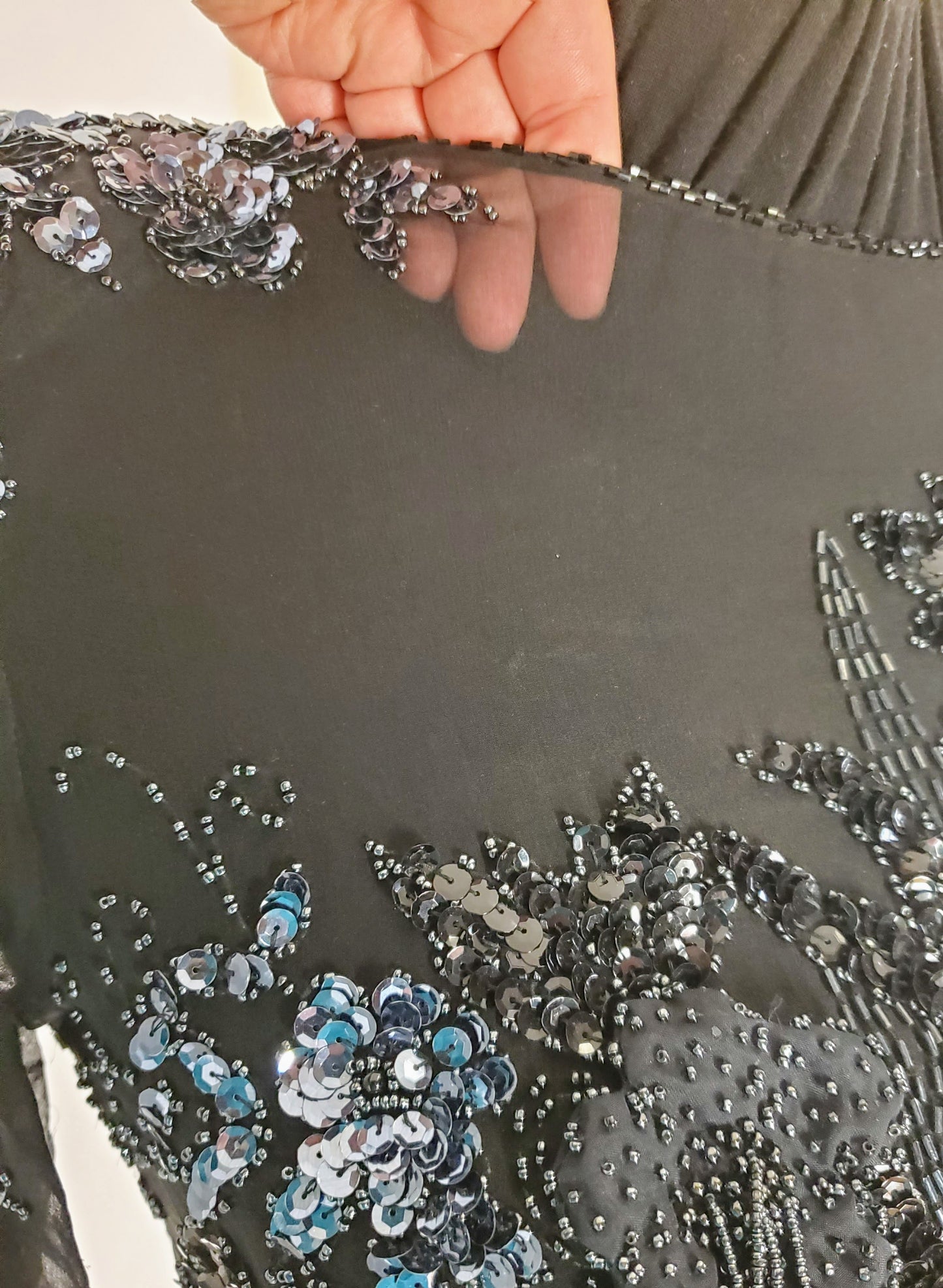 close up view of sheer fabric on Vintage Black and Gunmetal Beaded Dress