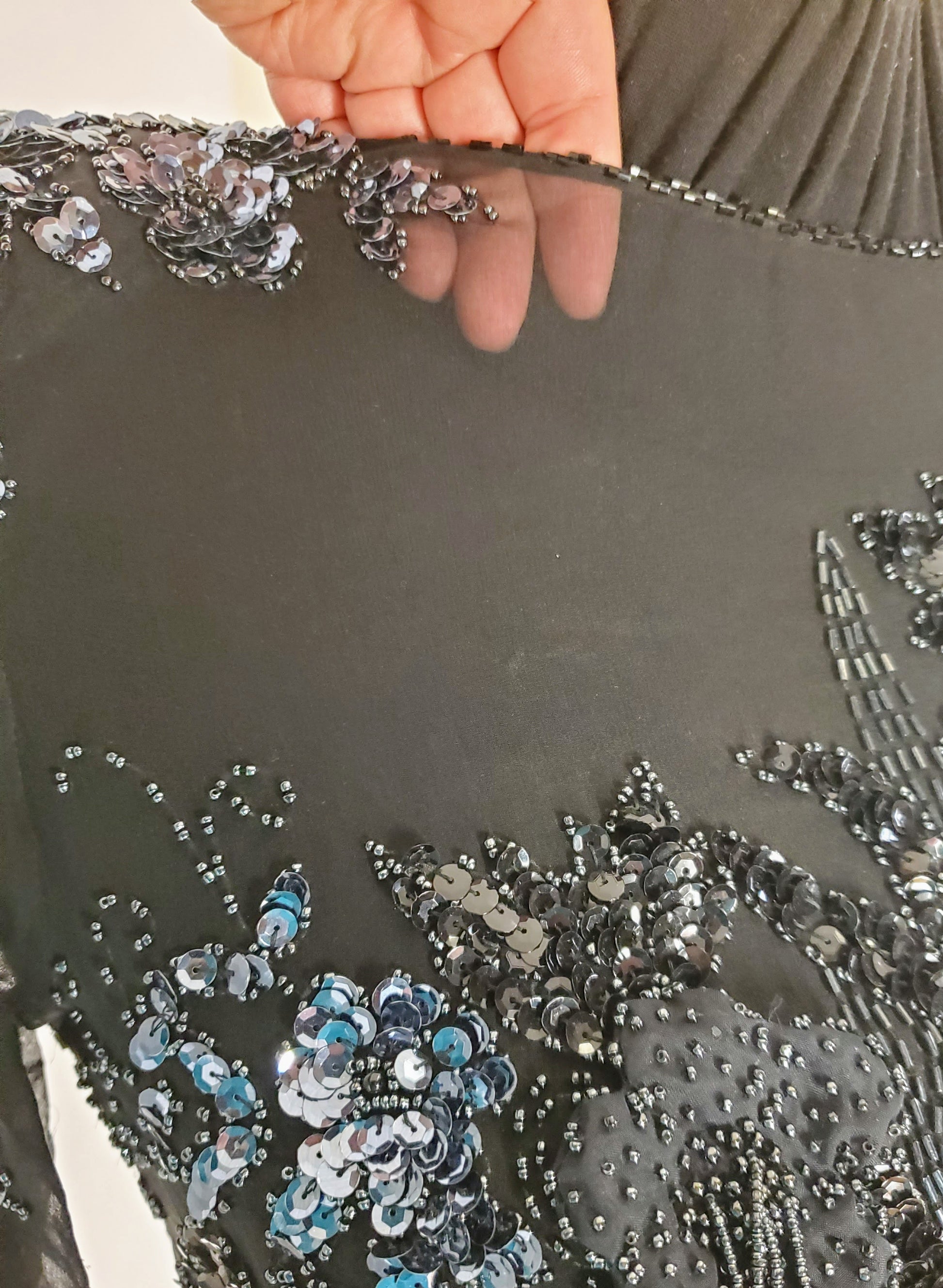 close up view of sheer fabric on Vintage Black and Gunmetal Beaded Dress